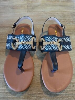 Woven Black & Brown T-Strap Sandals with Gold Chain Accent